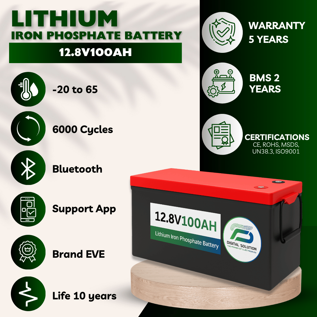12.8V 100Ah Slimline LiFePO4 Lithium Battery with Bluetooth – Solar, RV, Boat, Backup | 6000 Cycles | Digital Solution KSA