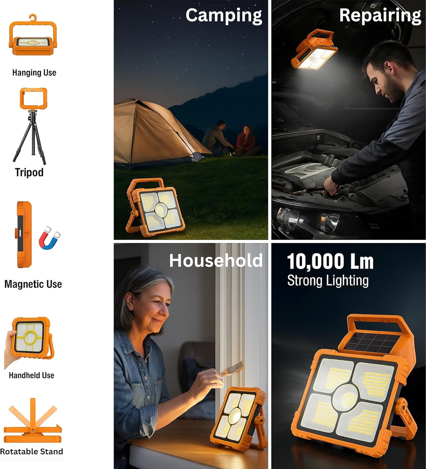 LED Solar Work Light – 100W, 10000LM, 12000mAh Battery, 5 Modes, IP66 Waterproof | Portable Magnetic Light for Camping, Emergency, Repairs