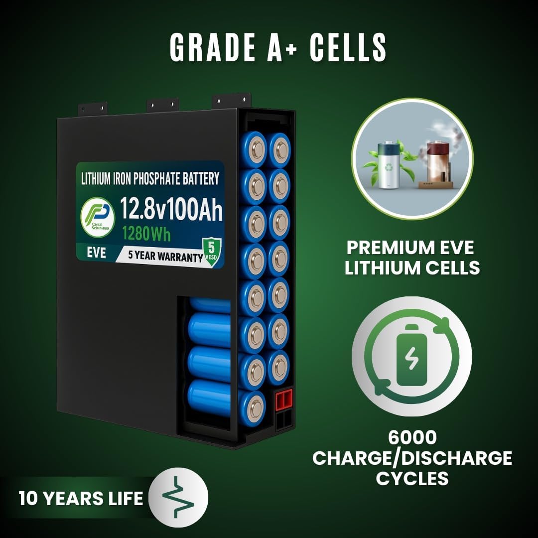 Digital Solution 12.8V 100Ah Slimline Lithium Iron Phosphate Battery, LiFePO4, Bluetooth BMS, 6000 Cycles, EVE Cells, 5-Year Warranty, for RV, Solar, Boat, Backup & Off-Grid Systems