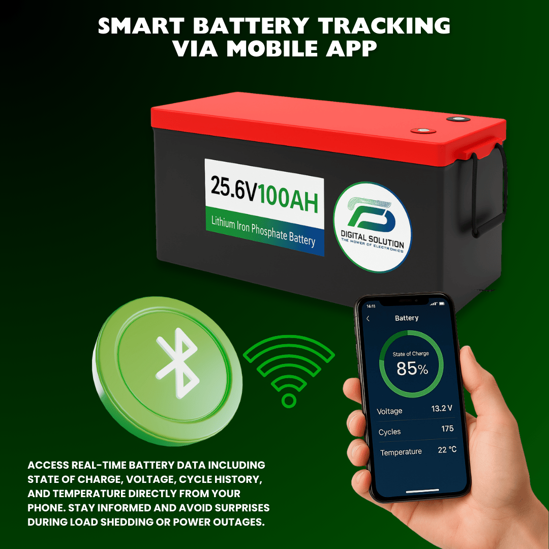 25.6V 100Ah High-Capacity LiFePO4 Lithium Battery – Bluetooth, 2560Wh | For Solar Banks, Telecom, Industrial Use | Digital Solution KSA