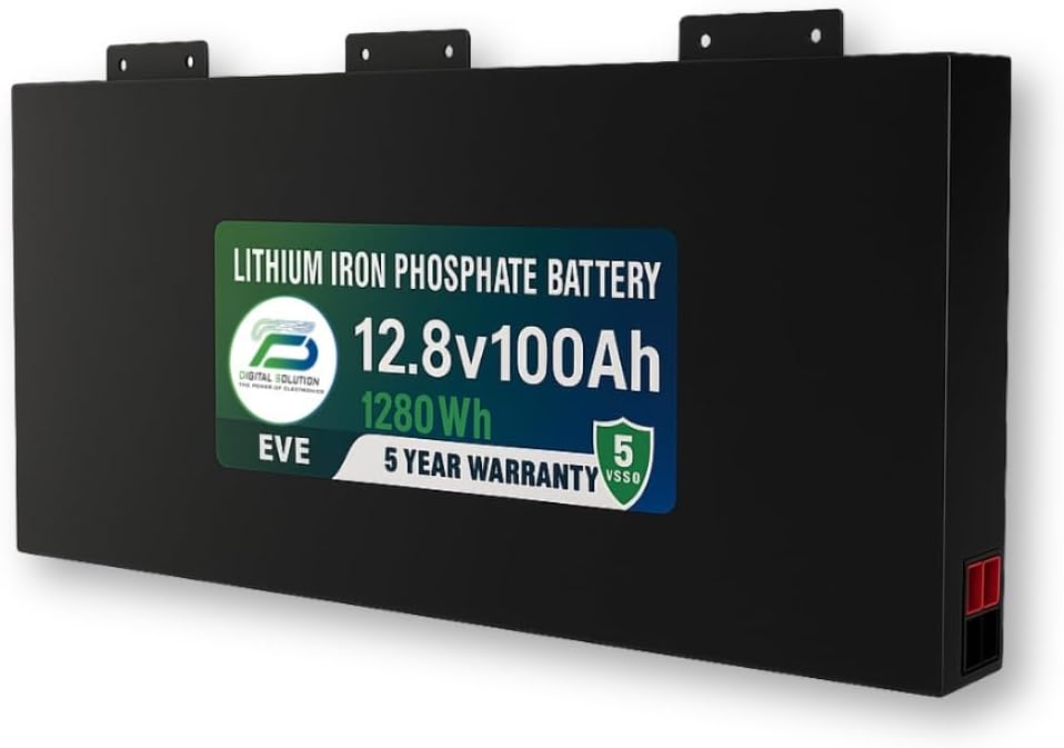 Digital Solution 12.8V 100Ah Slimline Lithium Iron Phosphate Battery, LiFePO4, Bluetooth BMS, 6000 Cycles, EVE Cells, 5-Year Warranty, for RV, Solar, Boat, Backup & Off-Grid Systems