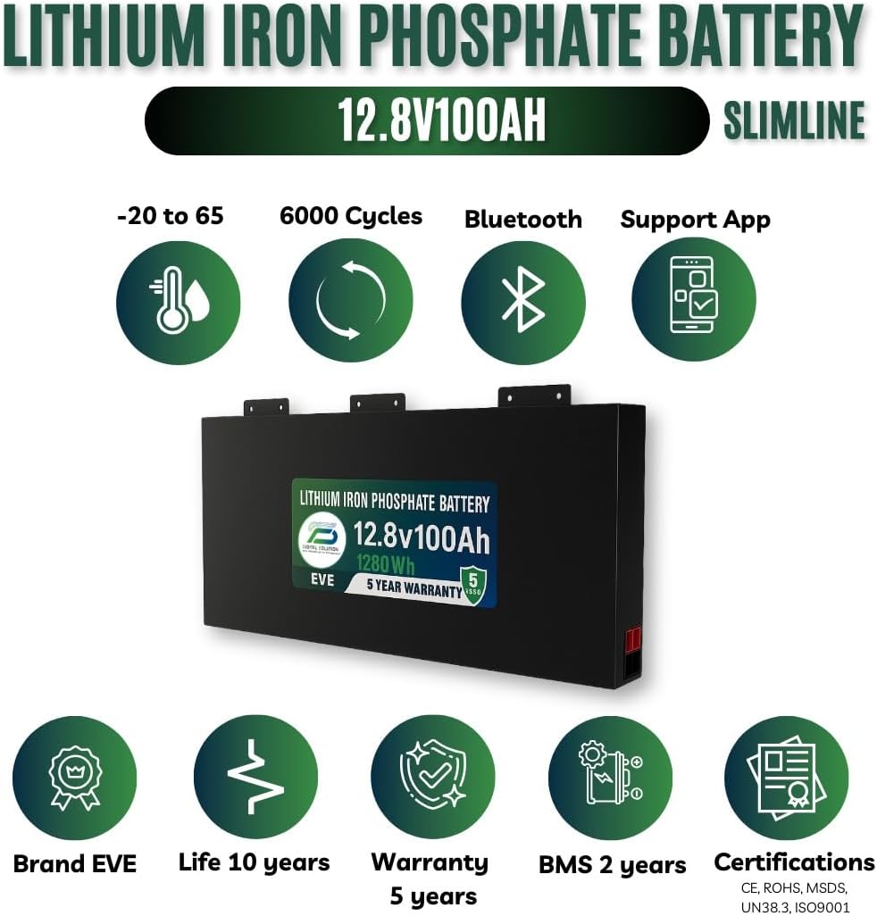 Digital Solution 12.8V 100Ah Slimline Lithium Iron Phosphate Battery, LiFePO4, Bluetooth BMS, 6000 Cycles, EVE Cells, 5-Year Warranty, for RV, Solar, Boat, Backup & Off-Grid Systems